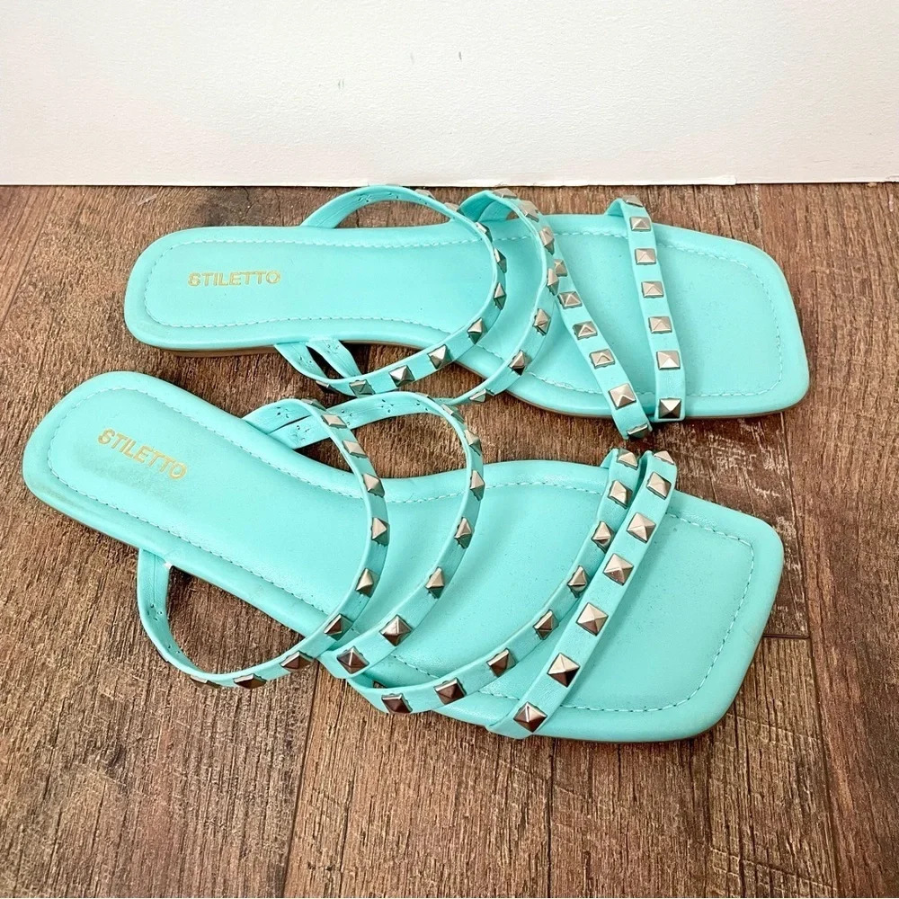 Stiletto Brazilian Leather Studed Square Toe Sandals